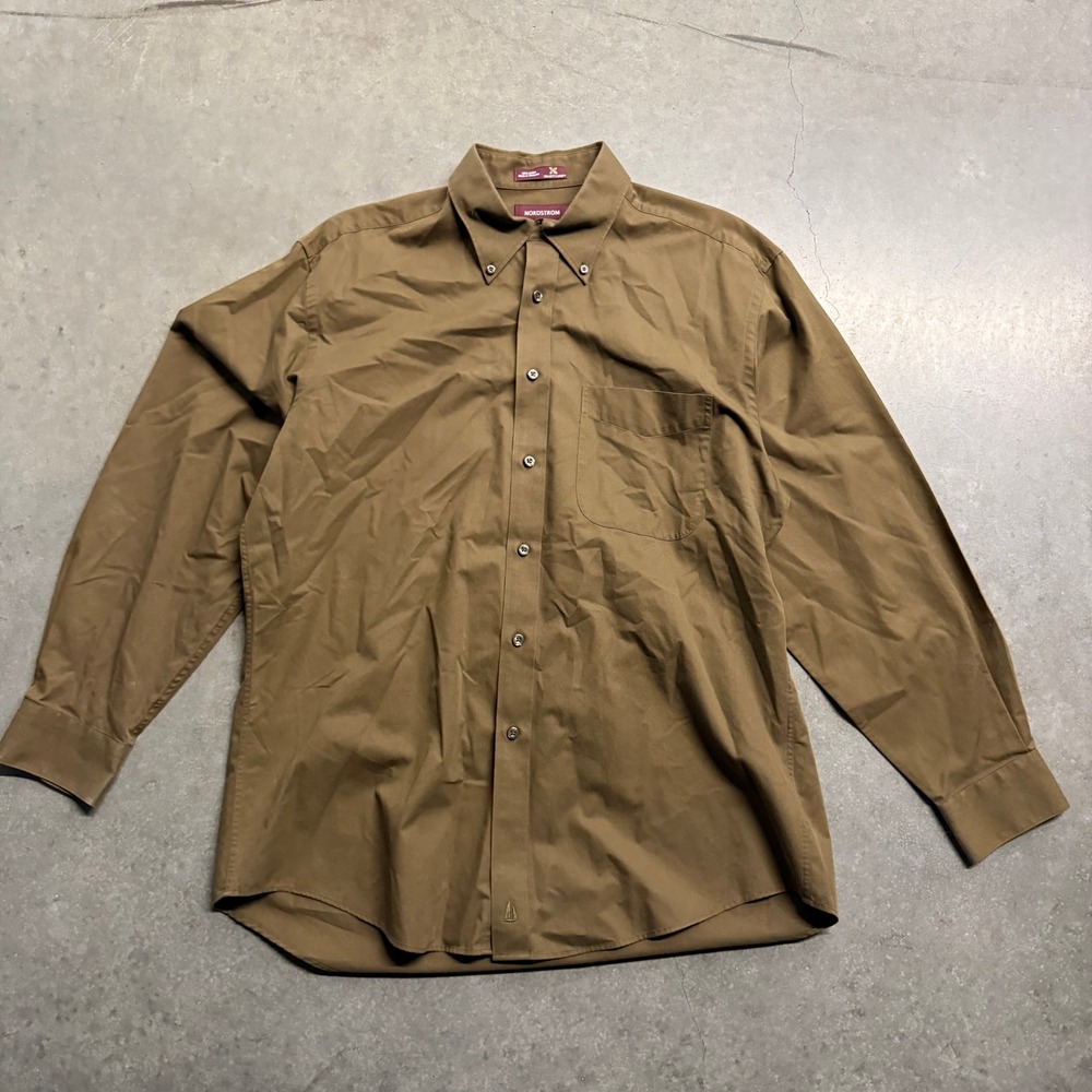 Nordstrom Smartcare Mens Large Brown Cotton Button Down Long Sleeve Shirt L